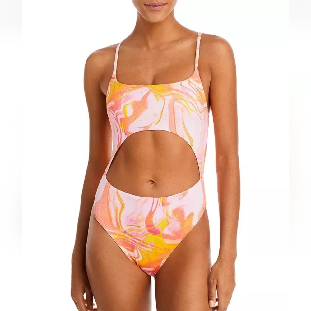 Aqua Swirl Print Cutout One Piece Swimsuit Multicolor Pink Orange Yellow‎ M